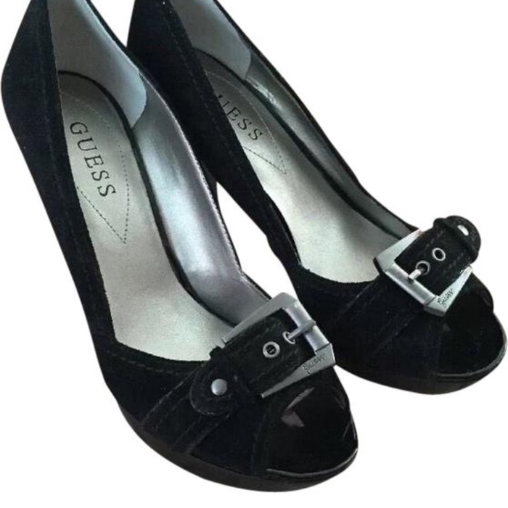NEW Guess Women's Black Suede Peep Toe Open Toe Platform Heels Shoes Size 8